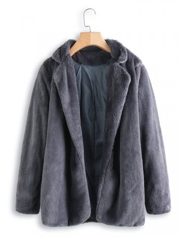 Faux Fur Stand Collar Solid Color Long Sleeve Casual Coat