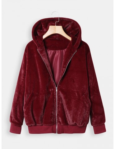 Solid Color Hooded Long Sleeve Short Coat For Women