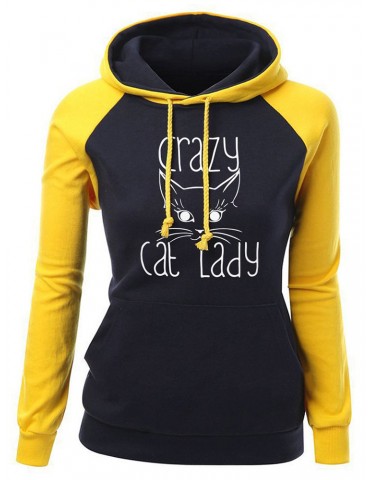 Women Cat Printed Contrast Color Hooded Long Sleeve Sweatshirts