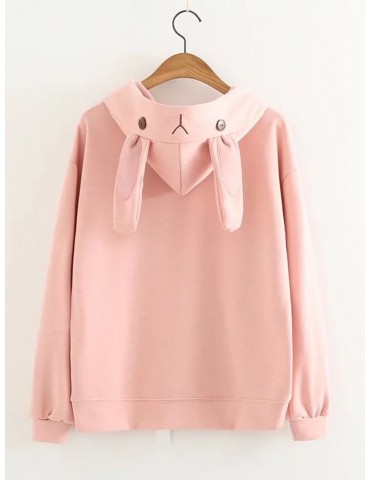 Casual Rabbit Embroidery Ears Hooded Long Sleeve Women Hoodies