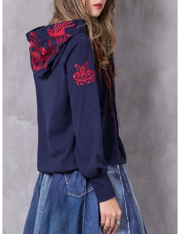 Vintage Embroidered Loose Long Sleeve Hooded Women Sweatshirts