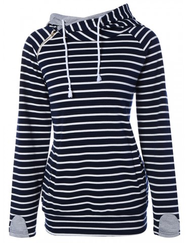 Casual Stripe Patchwork Zipper Hooded Long Sleeve Women Hoodies