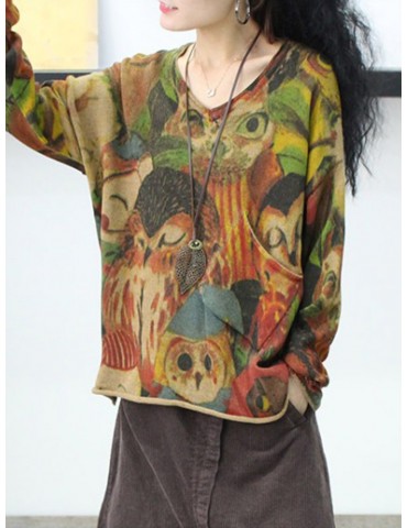 Knit Owl Print Long Sleeve Pullover Casual Sweater