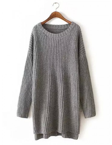 Casual Solid Color Irregular Splited Long Sleeve O-neck Women Sweaters