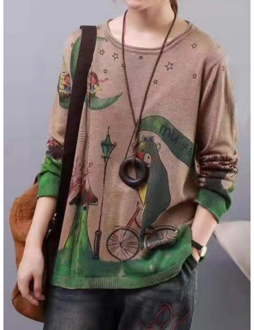 Retro Art Cartoon Printed Round Neck Sweater