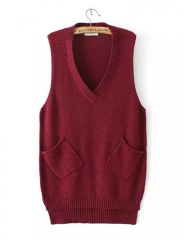 Women Casual Knit Solid Color V-neck Mid-long Irregular Hem Sweater