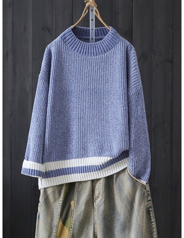 Patch Hem Long Sleeve Loose Casual Sweater