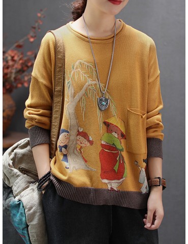 Cartoon Print Patchwork Long Sleeve Sweater For Women