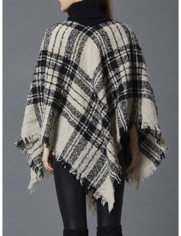 Casual Plaid Print Irregular Tassels Turtleneck Women Cloak Sweaters