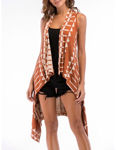 Printed Geometry Knitted Irregular Sleeveless Loose Cardigans