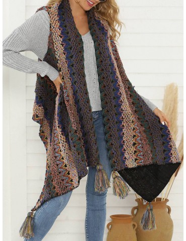 Tassels Multicolor Irregular Sleeveless Cardigan For Women