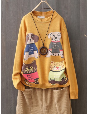 Cartoon Dogs Cats Print Long Sleeve Sweater For Women
