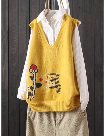Cartoon Sleeveless V-neck Sweater For Women